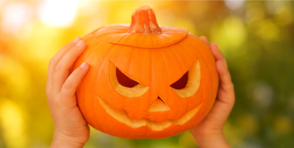 Hands holding up a jack-o-lantern.