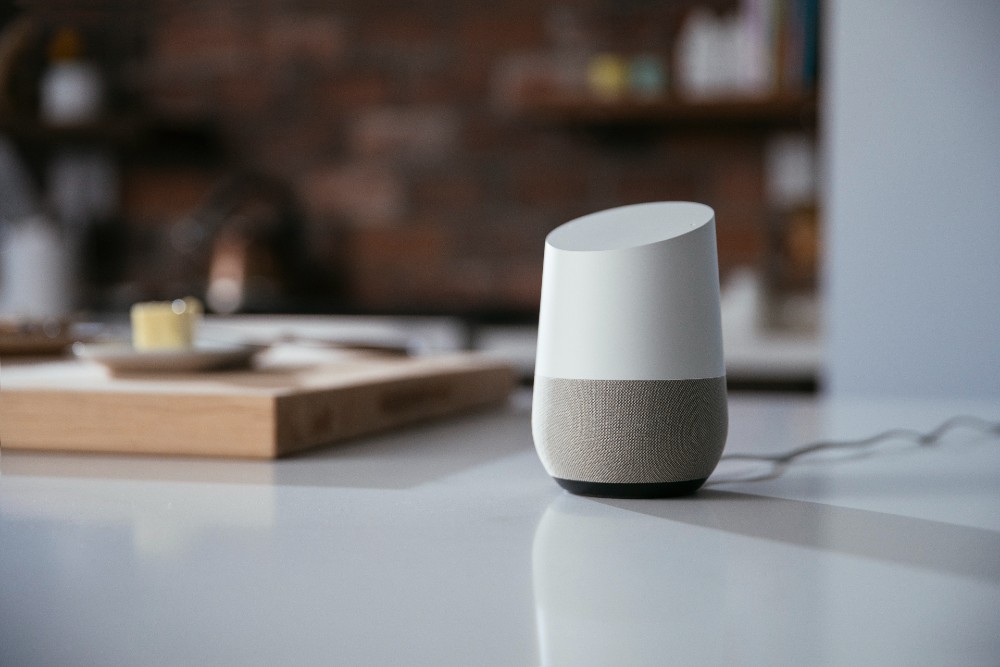 Google Home on kitchen counter.