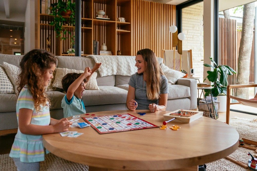 Family playing games at home.