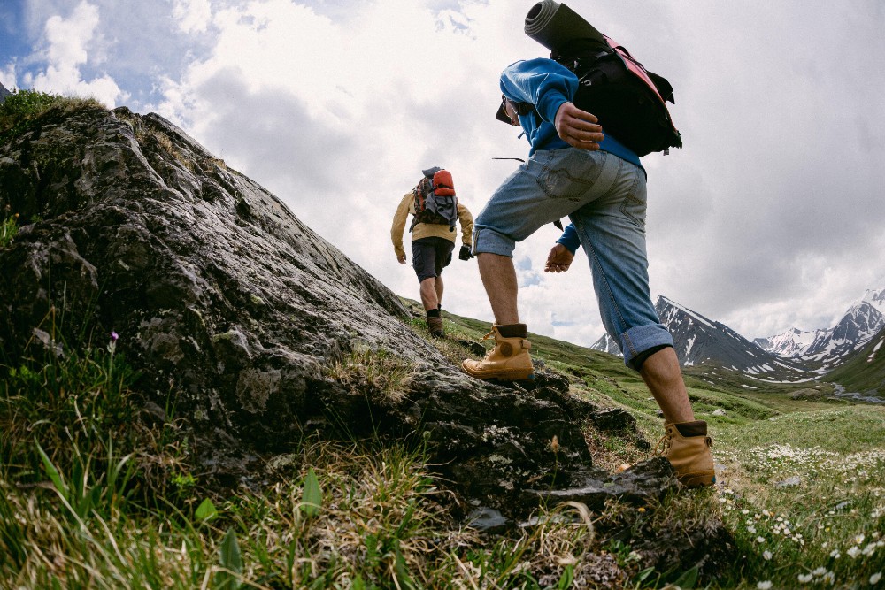 Two men hiking in the mountains.