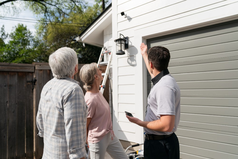 Vivint Smart Home Pro showing two homeowners their newly-installed outdoor camera.