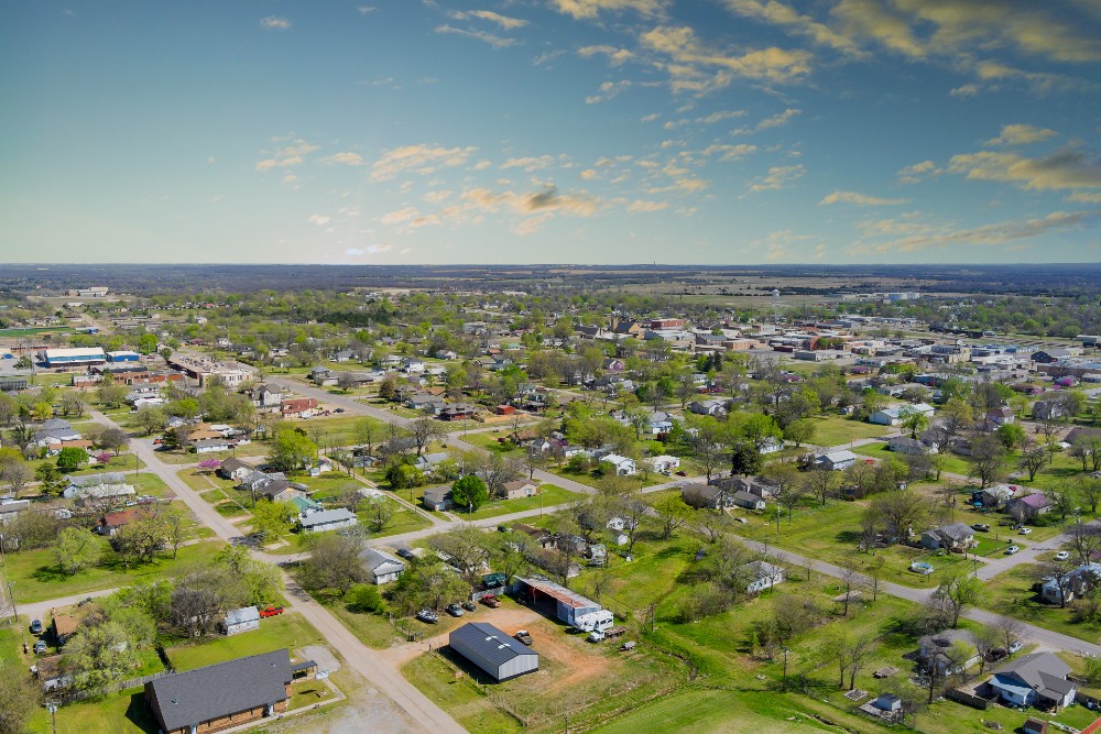 Aerial panorama view of residential quarters at beautiful town urban landscape the Stroud Oklahoma