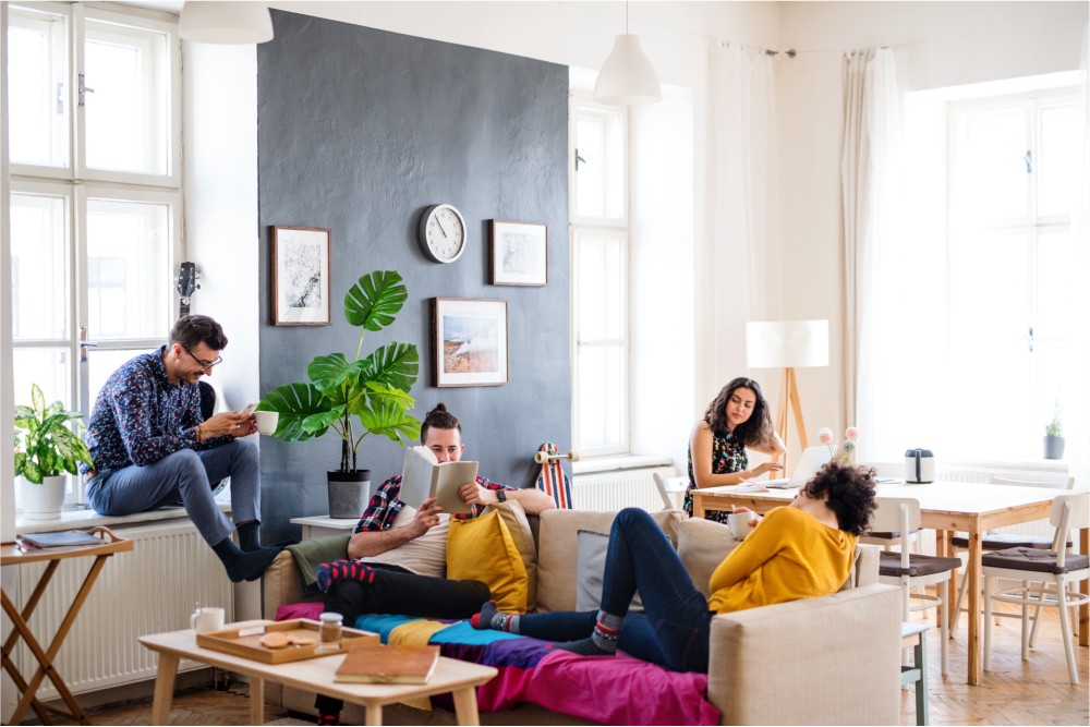 Family relaxing together in a vacation rental.