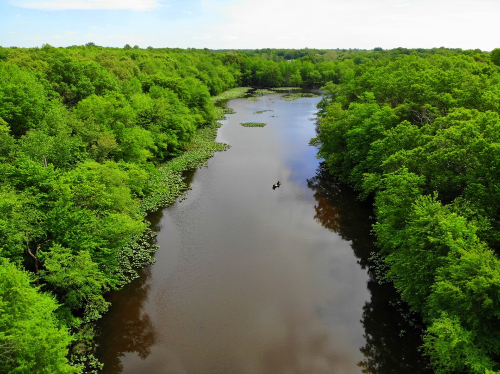 The aerial view of the green trees and water along Becks Pond in Newark, Delaware