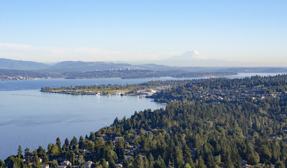 Aerial view of Kenmore Washington Lake Washington with Mt Rainer in background
