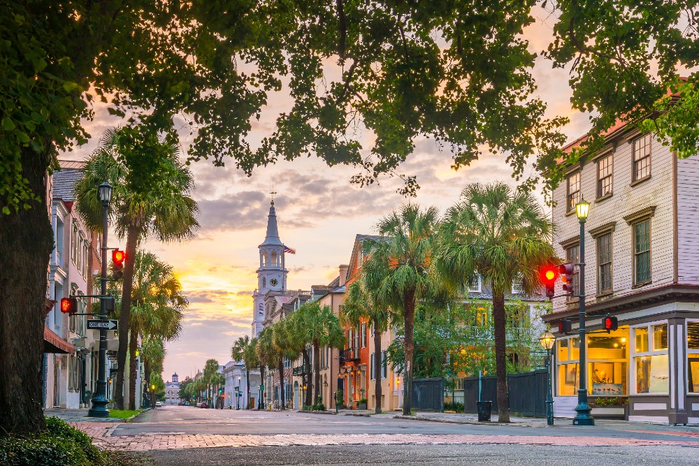Historical downtown area of Charleston, South Carolina at twilight