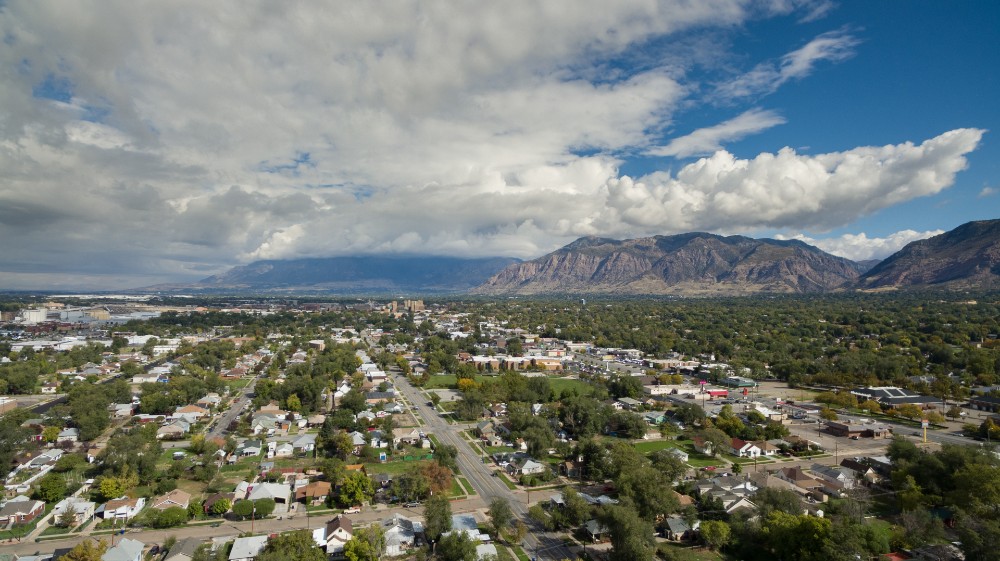 Aerial drone view of neighborhoods in Ogden