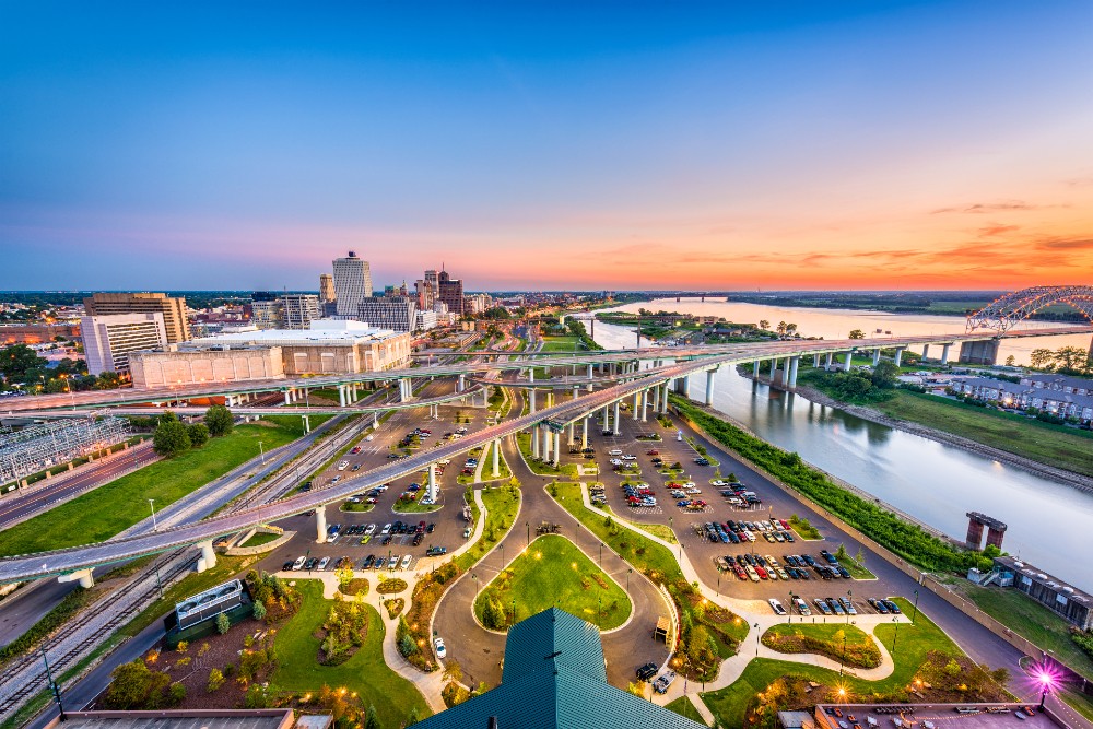 Memphis Tennessee aerial view downtown Mud Island
