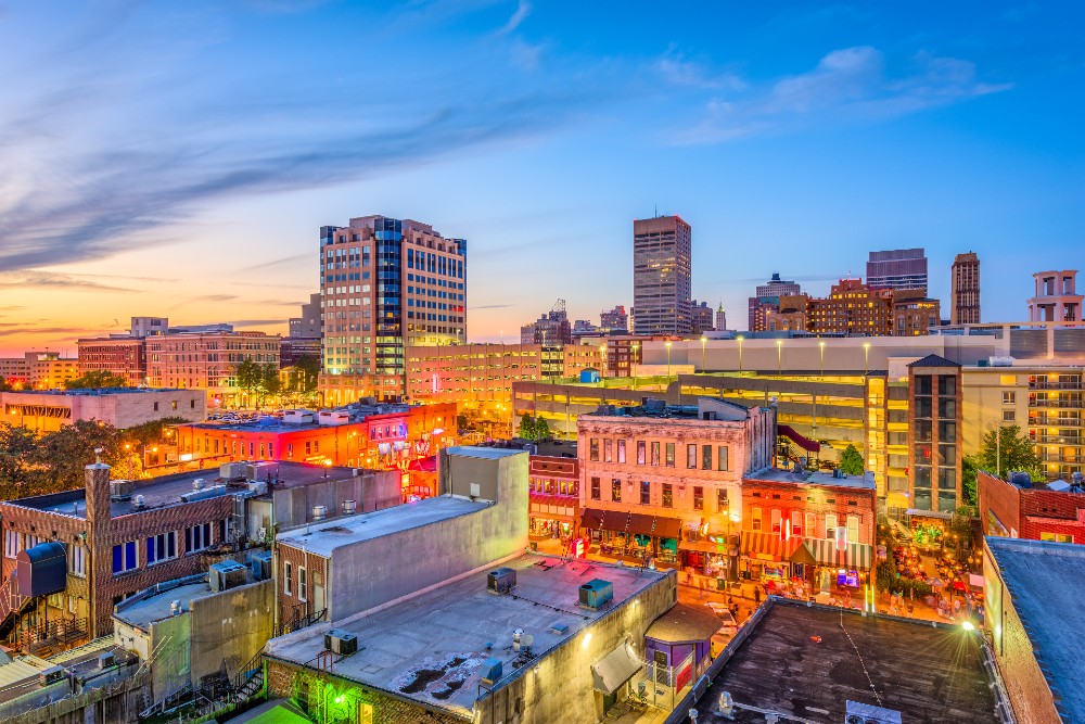 Memphis Tennessee downtown cityscape at dusk