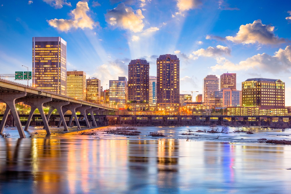 Richmond Virginia downtown skyline on the James River