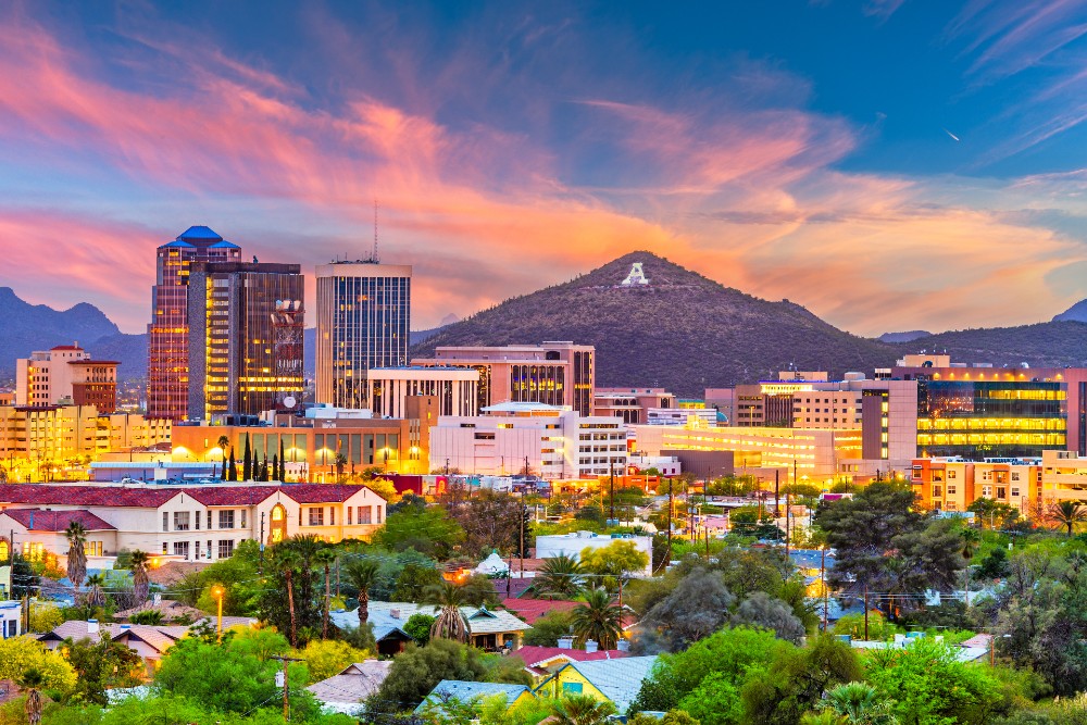 Tucson Arizona downtown skyline with Sentinel Peak at dusk