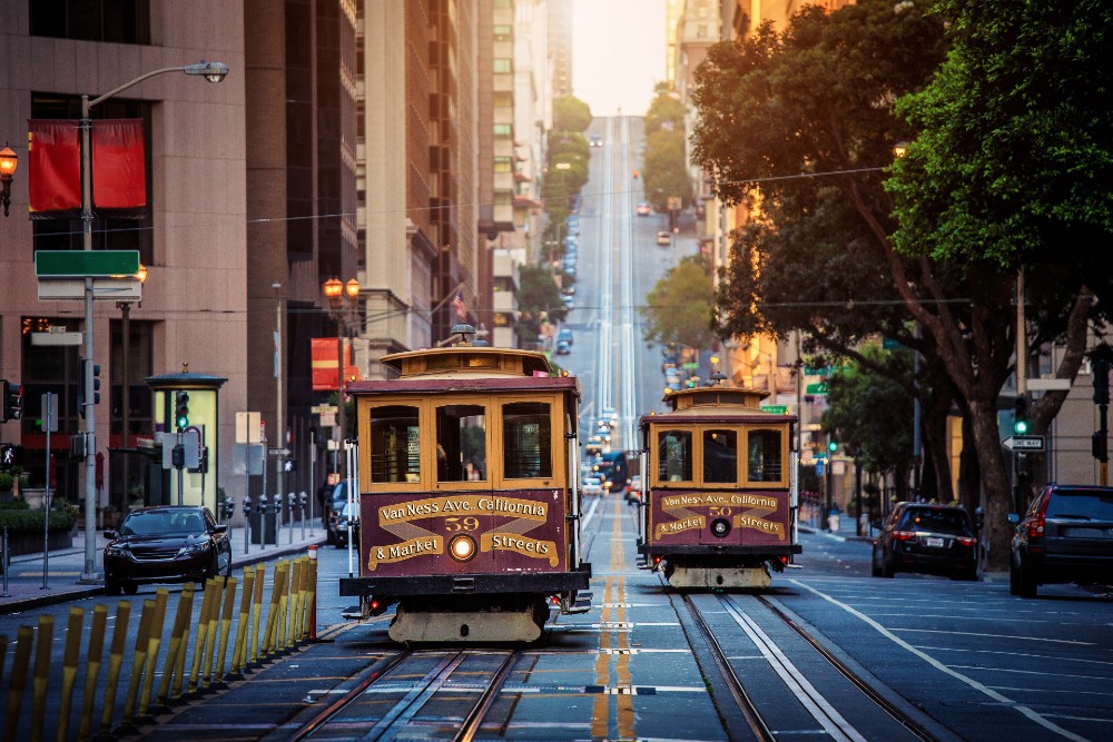 View of cable cars in the morning in San Francisco