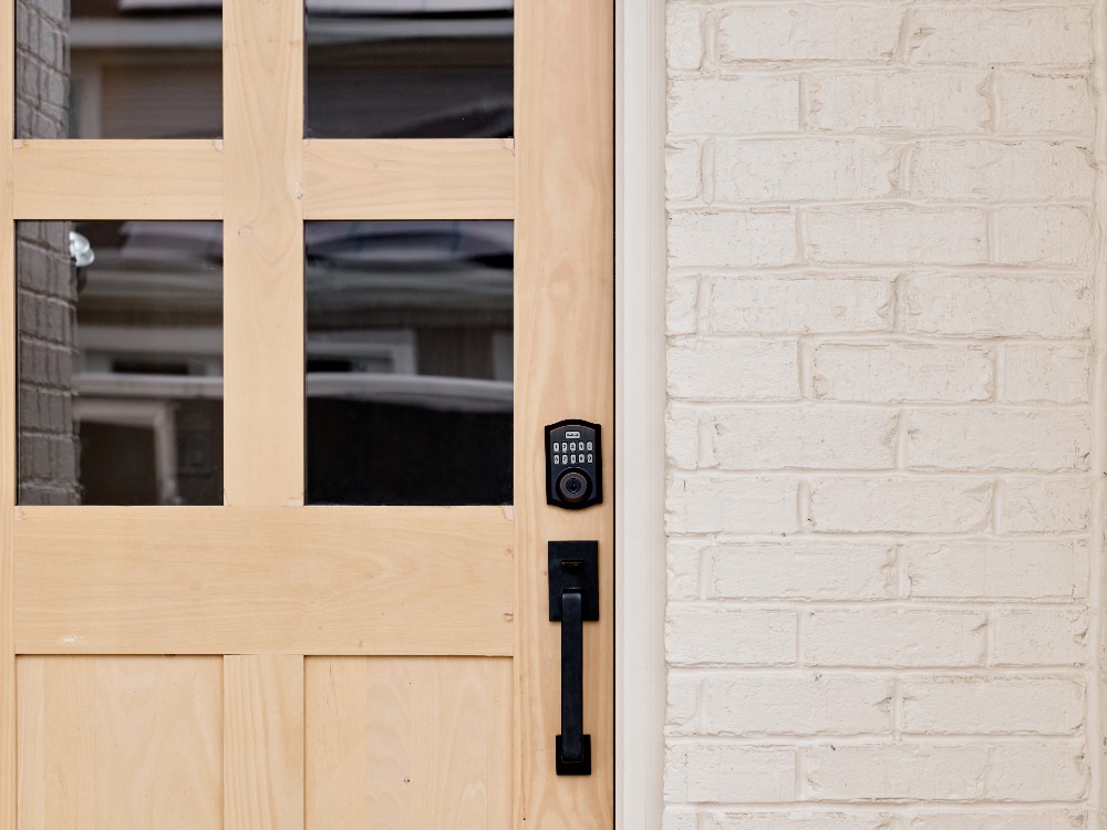 Smart lock on a front door.