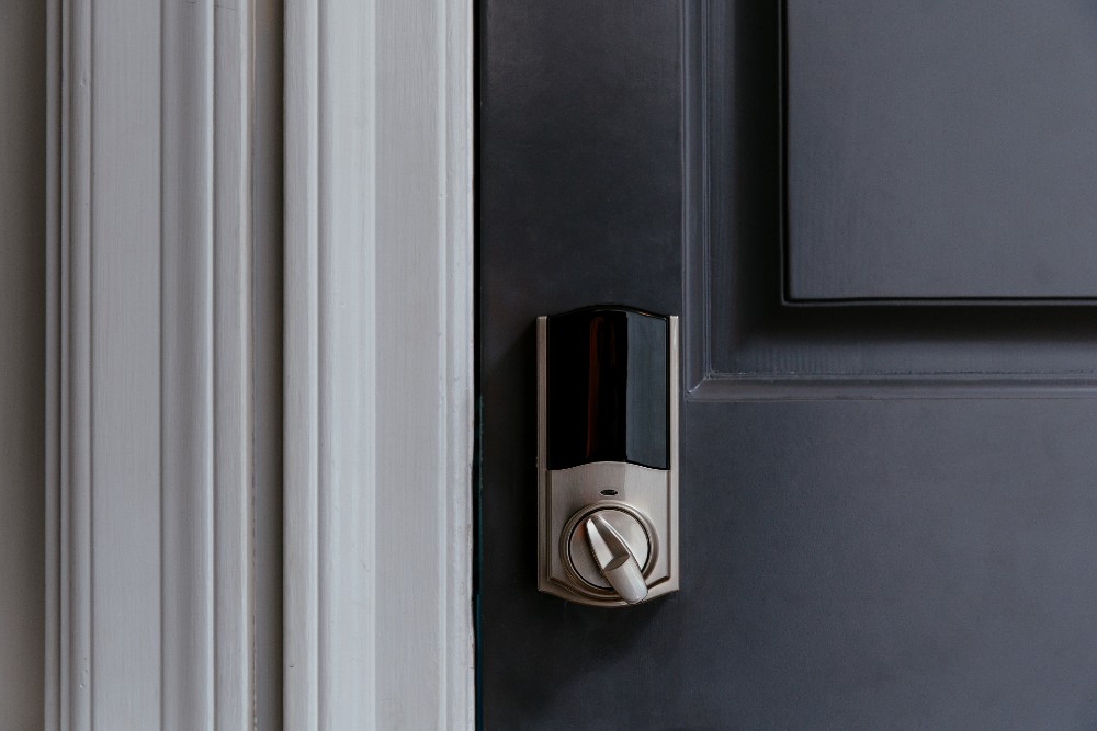 Smart lock on a home's exterior.
