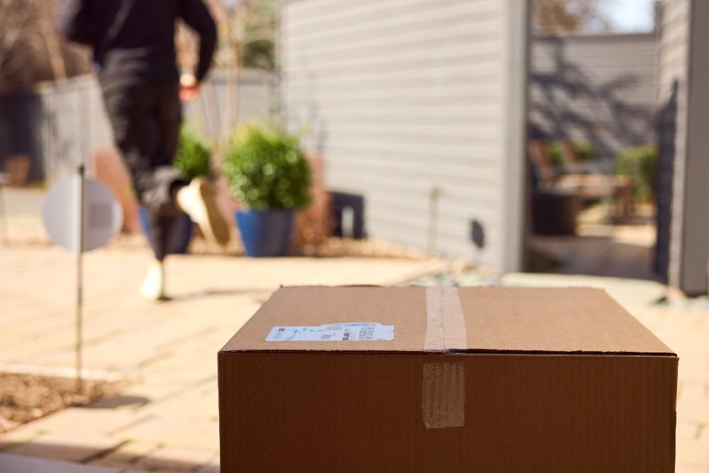 Thwarted porch pirate running away from a failed package theft.