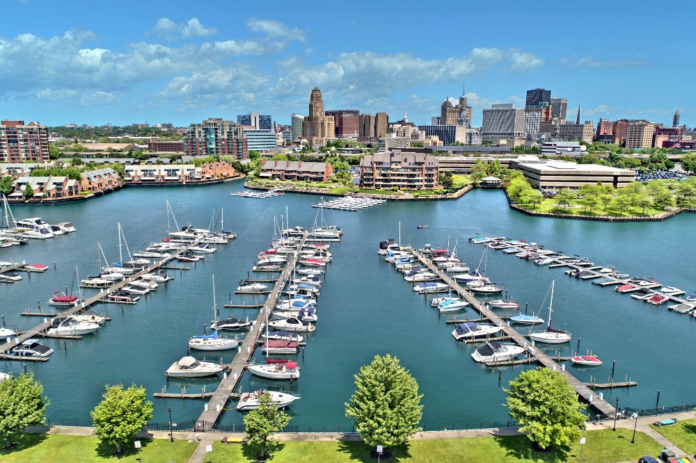 Aerial view of the bay and city in Buffalo, New York.