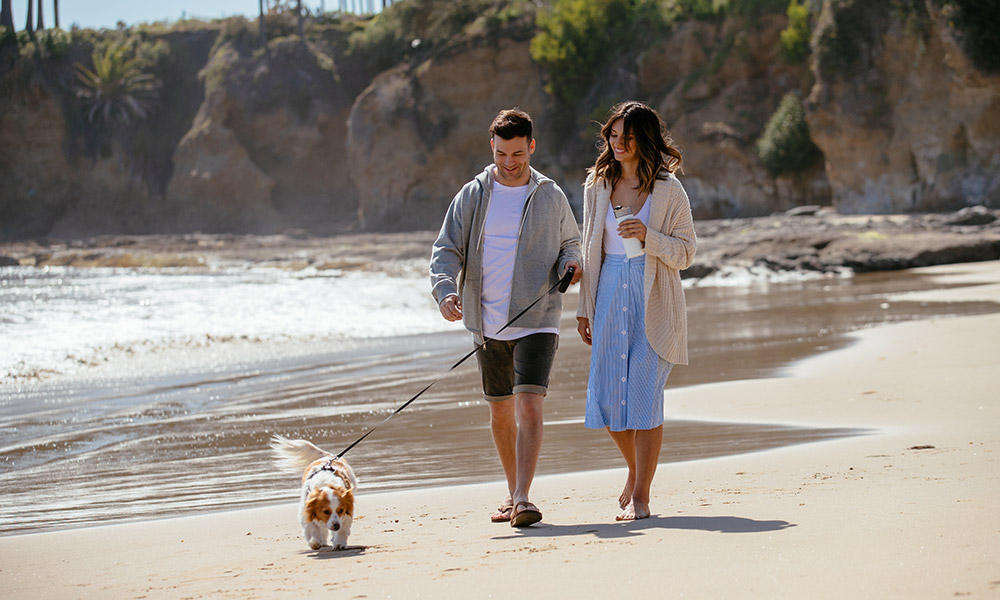 Millennials walking dog on the beach