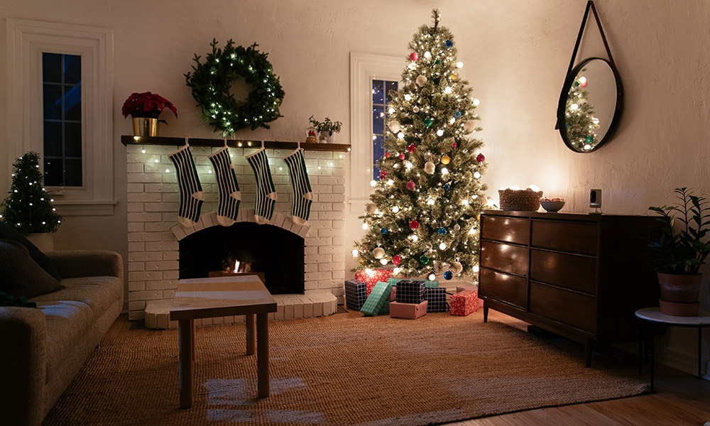 Christmas tree and fireplace