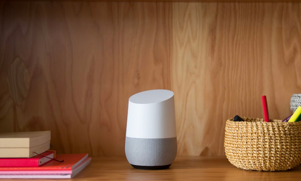 Google Home assistant on a bookshelf