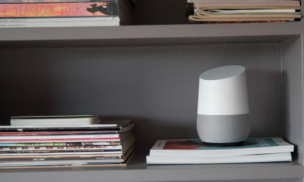 Google home assistant on a shelf