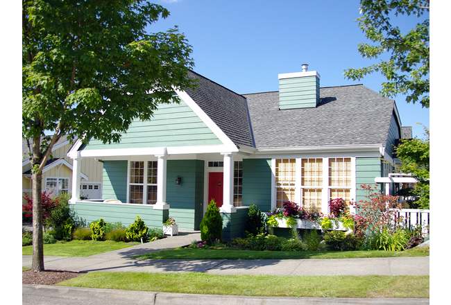 Cute blue house with a red door